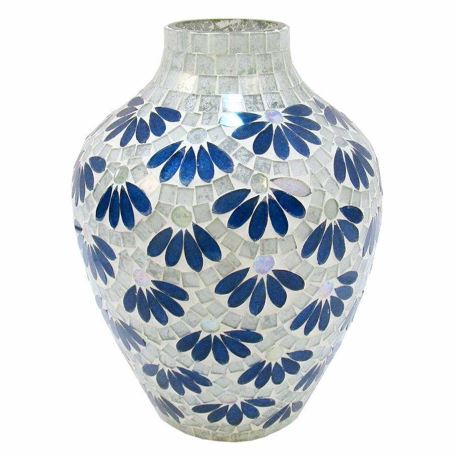 D Cor & Pillows * | Premium Tracey Boyd Blue Floral Mosaic Glass Vase, 9