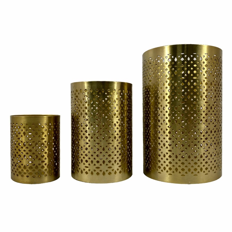 D Cor & Pillows * | Exclusive 3-Piece Satin Brass Hurricane Candle Holders, 8