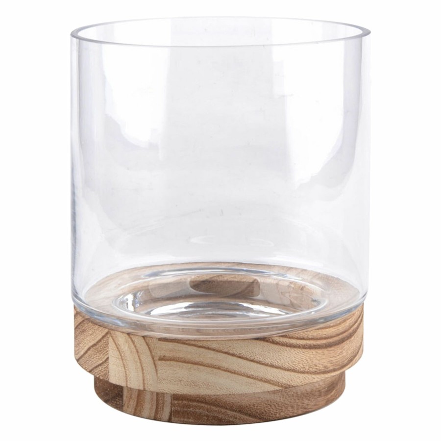 D Cor & Pillows * | Top Sellers Clear Glass Hurricane Candle Holder With Wood Base, 7