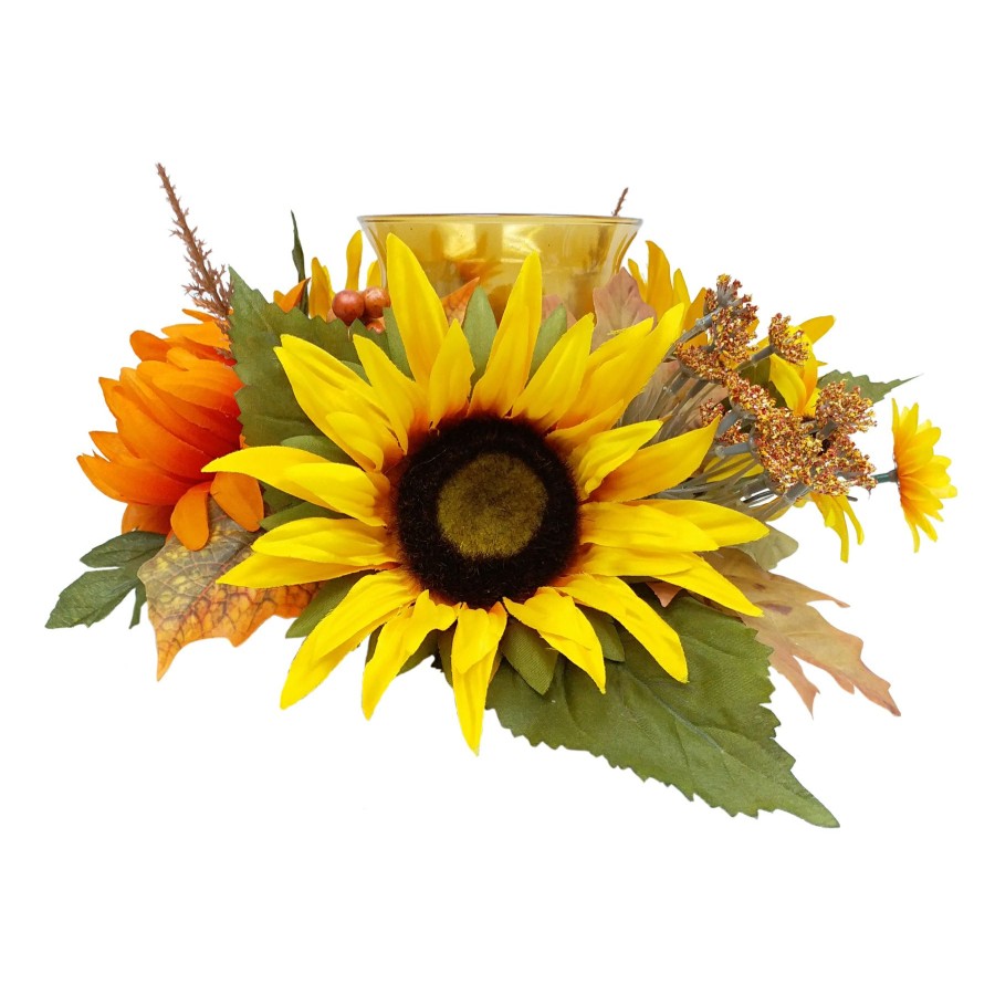 D Cor & Pillows * | Discount Sale Sunflower & Mum Arrangement With Glass Candle Holder