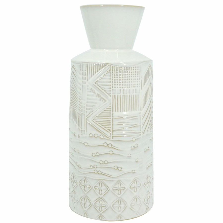 D Cor & Pillows * | Reliable Quality White Ceramic Tribal Vase, 12.5