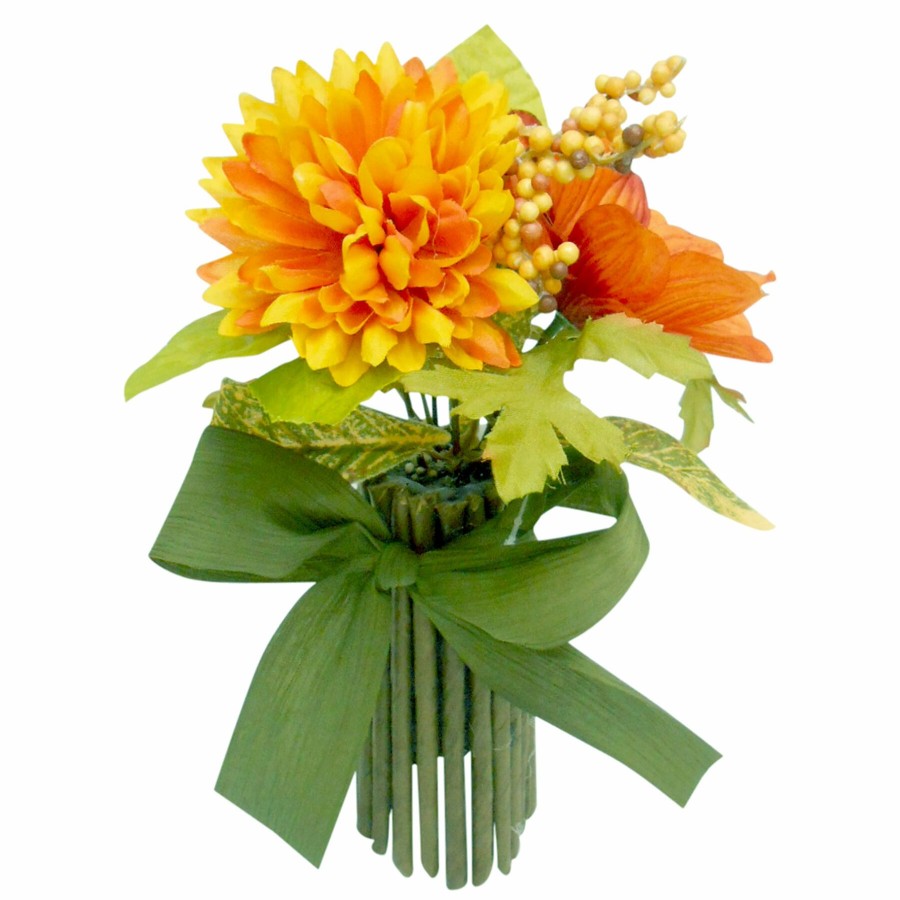 D Cor & Pillows * | Bargain Sale Grace Mitchell Orange Sunflower & Mum In Natural Vase, 9.5