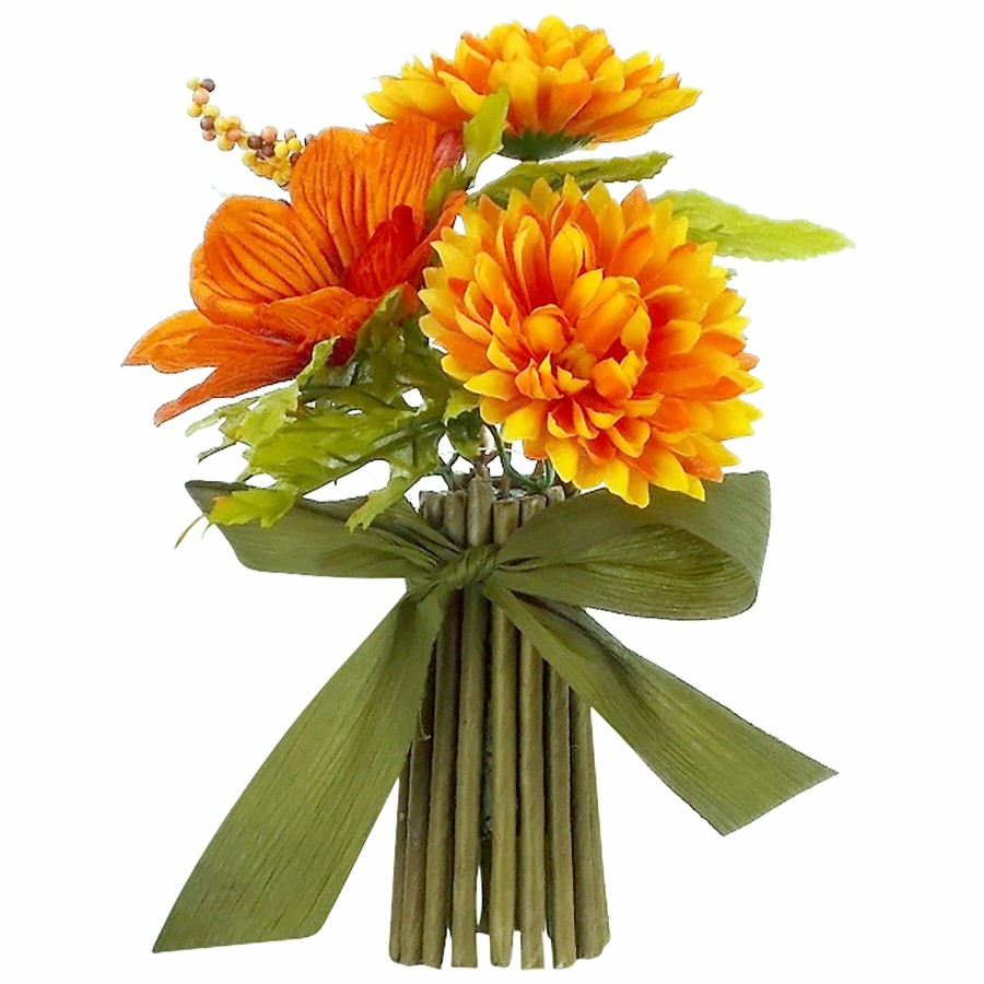 D Cor & Pillows * | Bargain Sale Grace Mitchell Orange Sunflower & Mum In Natural Vase, 9.5