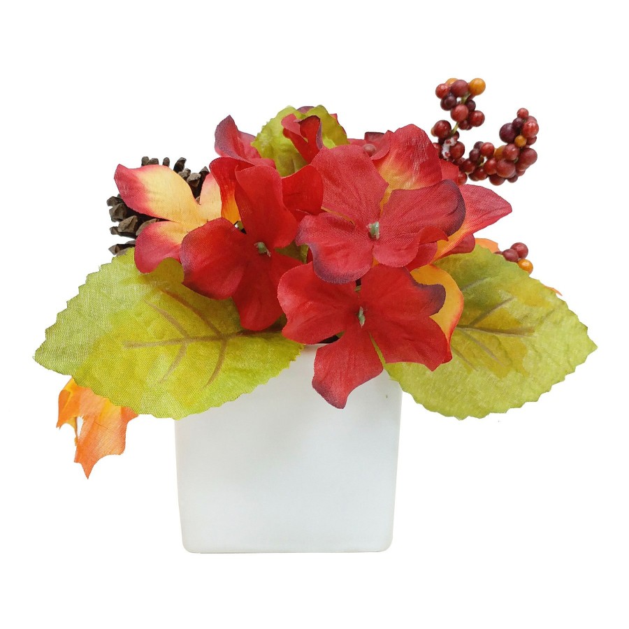 D Cor & Pillows * | Premium Orange Hydrangea In Square Ceramic Pot, 7