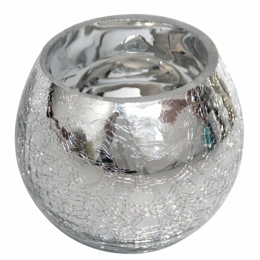 D Cor & Pillows * | Reliable Quality Metallic Silver Crackled Round Glass Candle Holder, 4