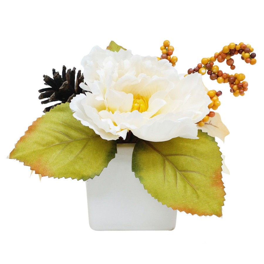 D Cor & Pillows * | Bargain Sale White Peony In Square Ceramic Pot, 7