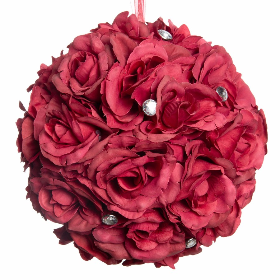 D Cor & Pillows * | Clearance Sale 8In Red Rose Kissing Ball W/Rhinestones