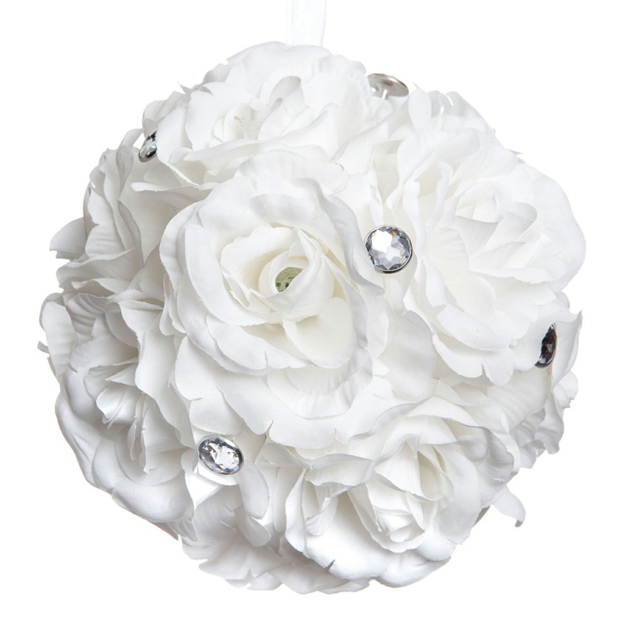 D Cor & Pillows * | Original 6In White Rose Kissing Ball W/Rhinestones