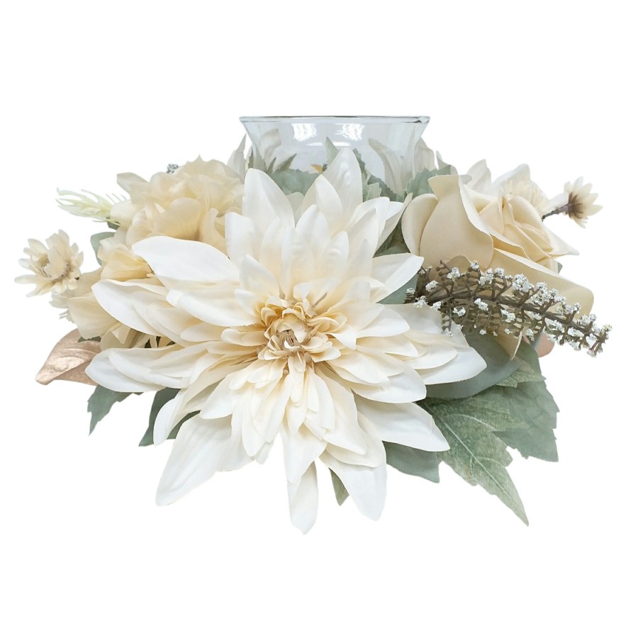 D Cor & Pillows * | Exclusive Design Ivory Dahlia & Hydrangea With Glass Candle Holder, 13